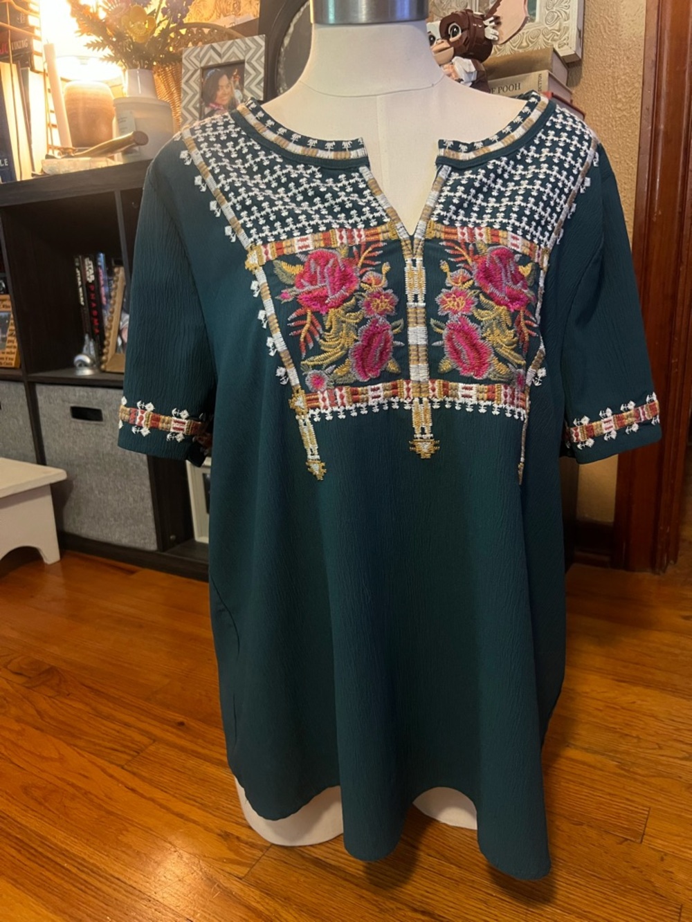 entro Teal Embroidered Floral Peasant Blouse with Pink Accents - Picture 2 of 4